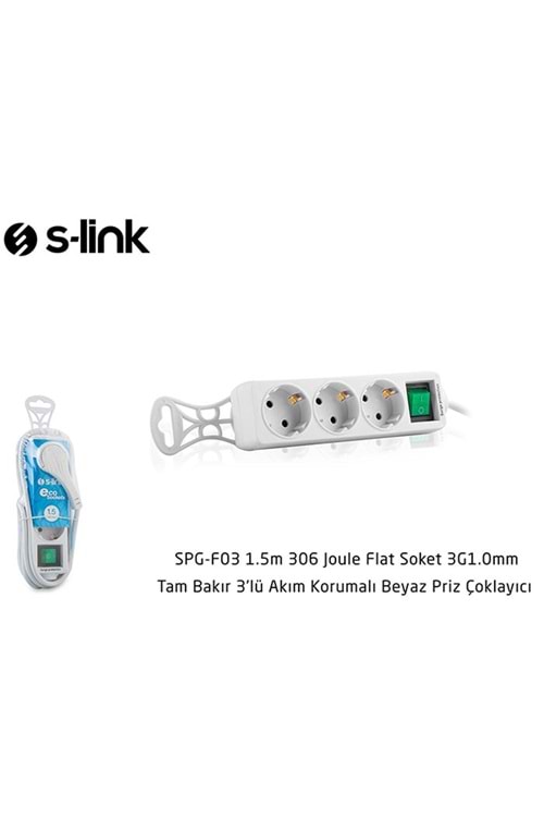 S-link SPG-F03 1.5m 306 Joule Flat Soket 3G1.0mm Tam Bakır 3 lü Akım Korumalı Priz Çoklayıcı